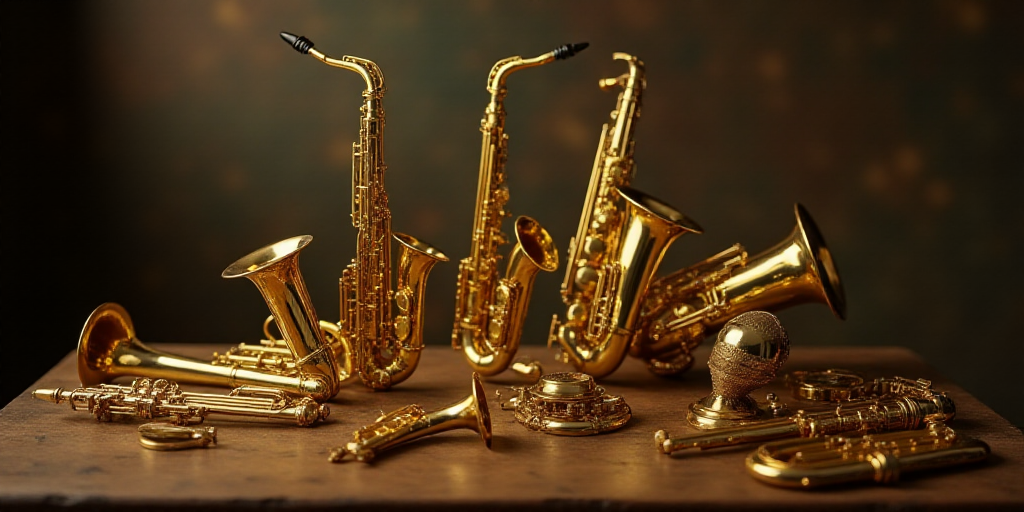 a group of golden musical instruments sitting on top of a table next to each other on a table top, A