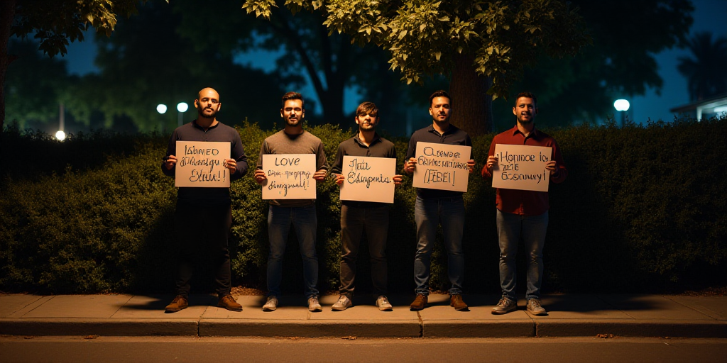 a group of men holding signs standing on a sidewalk next to a tree and bushes at night time,, Federi