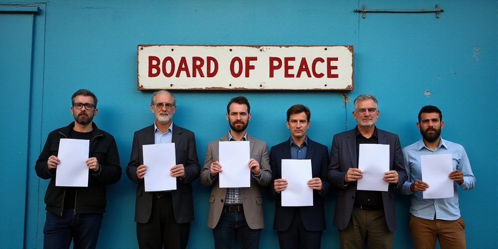 a group of men holding up papers in front of a blue wall with a sign that says board of peace, Dahlo