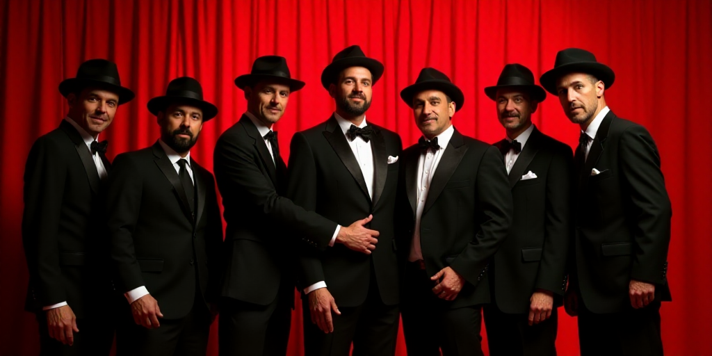 a group of men in suits and hats posing for a picture together in a red room with a red curtain, Fed