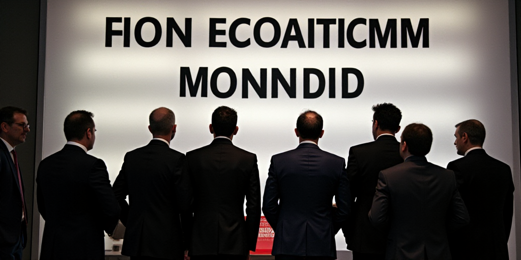 a group of men in suits and ties standing together in front of a sign with the words for economic in