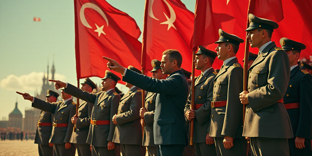 a group of men in uniform holding flags and pointing to the side of the camera with one man in the m