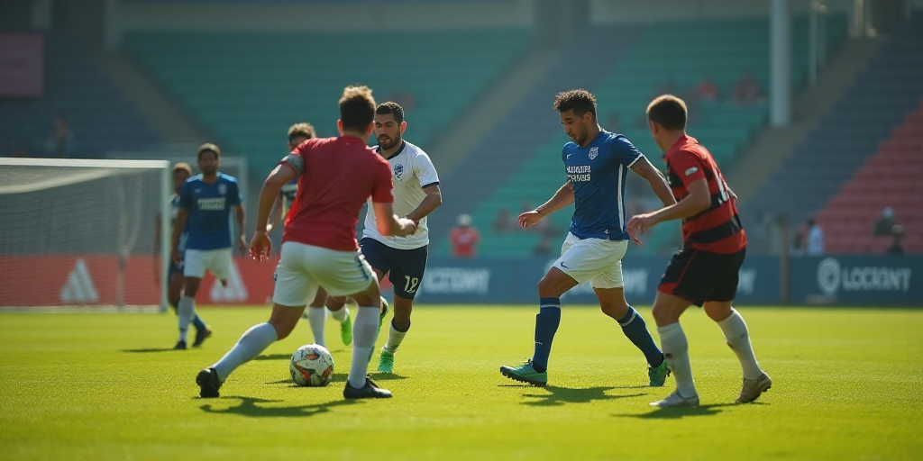 a group of men playing a game of soccer on a field with a goal post in the background and a banner i