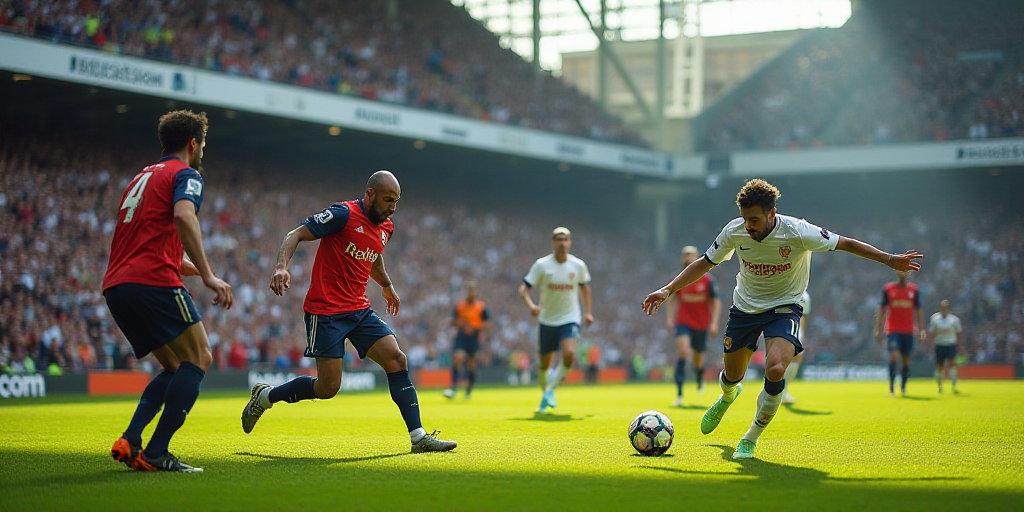 a group of men playing a game of soccer on a field with a crowd watching them from the stands, Andre