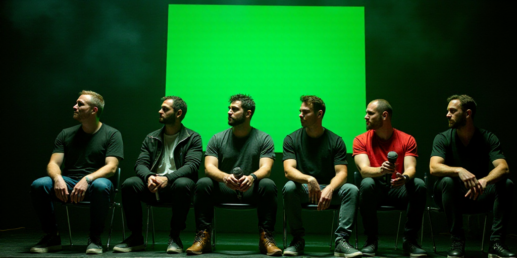 a group of men sitting on a stage with microphones in their hands and a green sign behind them, Celi