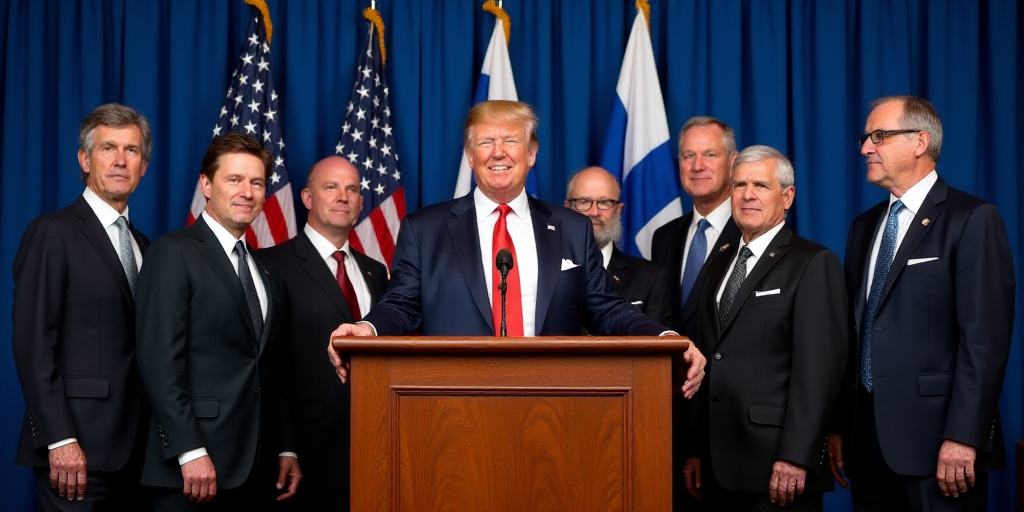 a group of men standing around a podium in front of a blue curtain and american flags in the backgro