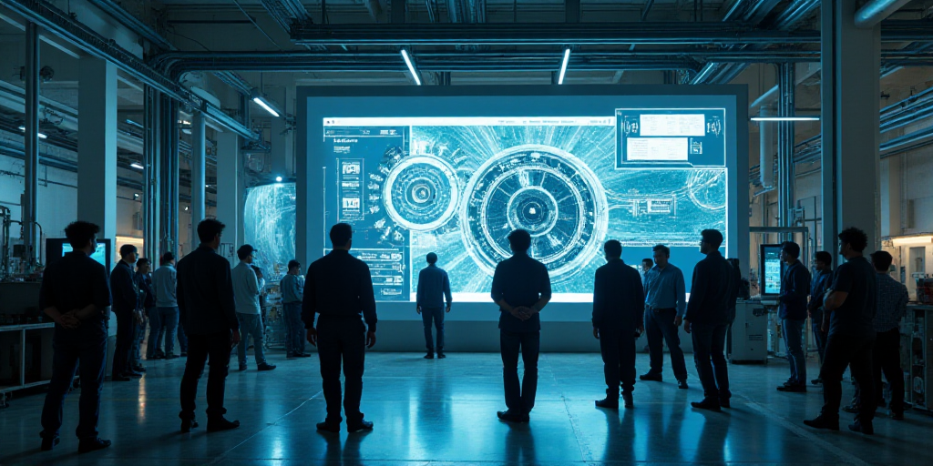 a group of men standing around a machine in a factory with a large screen showing a machine with gea
