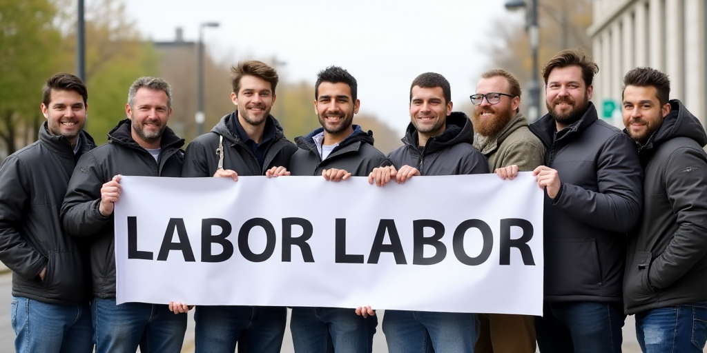 a group of men standing next to each other holding a white flag and a sign that says, labor labor la