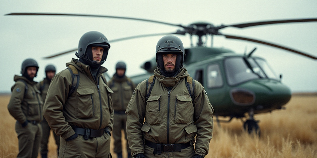 a group of men standing next to a helicopter and a helicopter with a man in a helmet standing next t