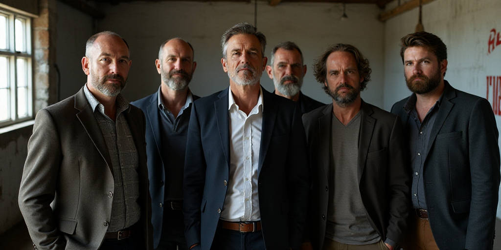 a group of men standing next to each other in a building with a sign on it's side, Antonie Palamedes