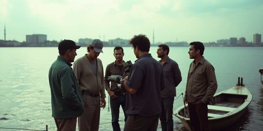 a group of men standing next to a boat on a body of water with a camera on top of it, Estuardo Maldo