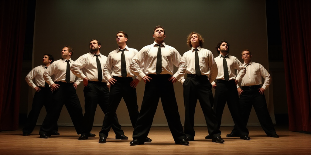 a group of men standing on top of a stage wearing ties and white shirts and black pants and black pa