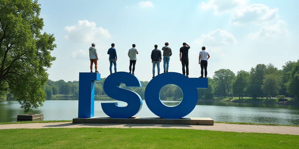 a group of men standing on top of a blue and white sign in a park next to a lake, Eduardo Lefebvre S