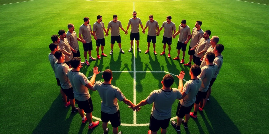a group of men standing on top of a soccer field together in a circle of hands and making a heart, C