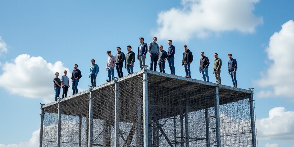 a group of men standing on top of a metal structure under a blue sky with clouds in the background,
