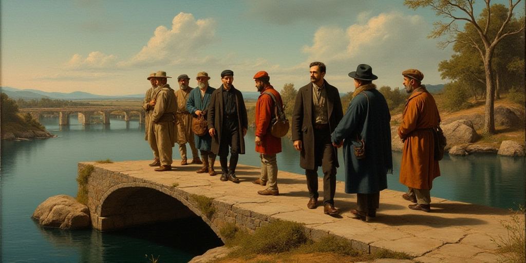 a group of men walking across a bridge next to a body of water with a man in a suit, Estuardo Maldon