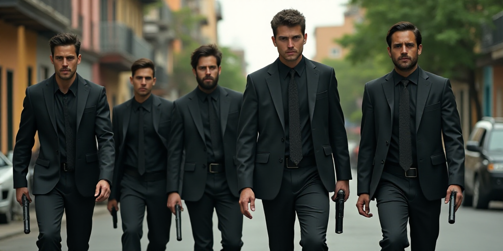 a group of men walking down a street next to each other with guns in their hands and wearing black,