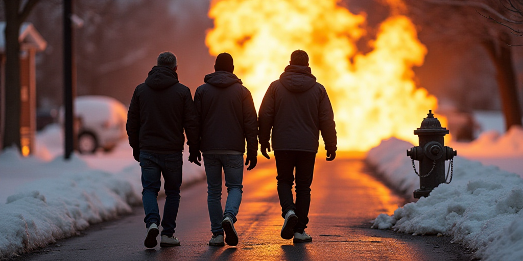 a group of men walking down a street next to a fire hydrant with a fire in the background, Eddie Men