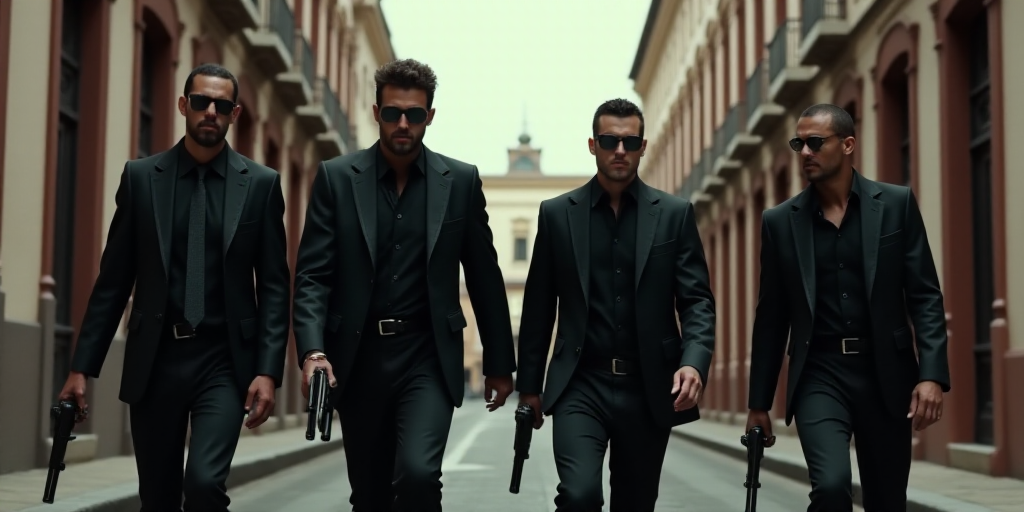 a group of men walking down a street next to each other with guns in their hands and wearing black,