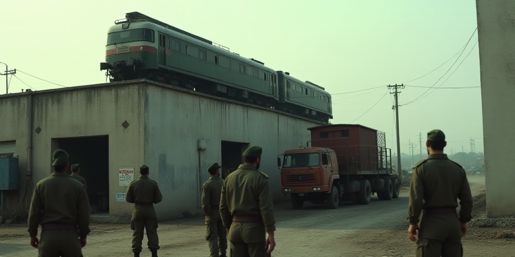 a group of military men standing in front of a building with a train on top of it and a truck behind