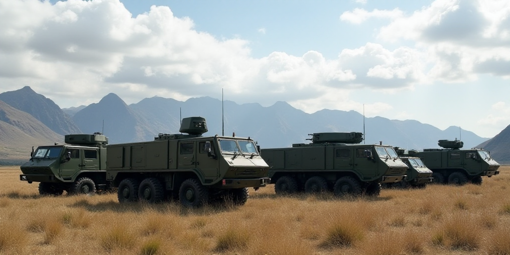 a group of military vehicles parked in a field with mountains in the background and a sky background