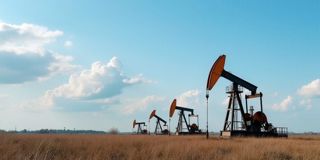 a group of oil pumps sitting on top of a field under a blue sky with clouds in the background, Dahlo