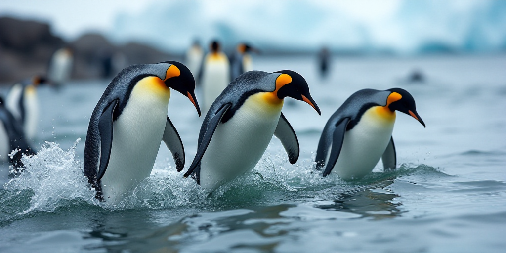 a group of penguins are jumping out of the water into the ocean together, with penguins in the backg