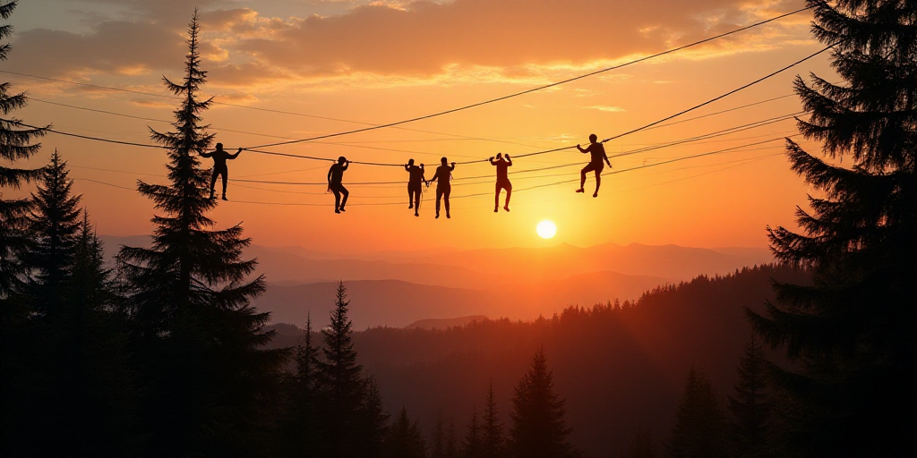a group of people climbing up a high wire in the sky above a forest at sunset or dawn with the sun s