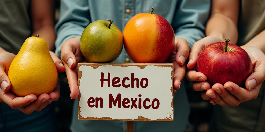 a group of people holding a bunch of fruit in their hands and a sign that says hecho en mexico, Eddi