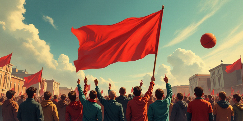 a group of people holding a flag and a ball in the air with other people in the background and build