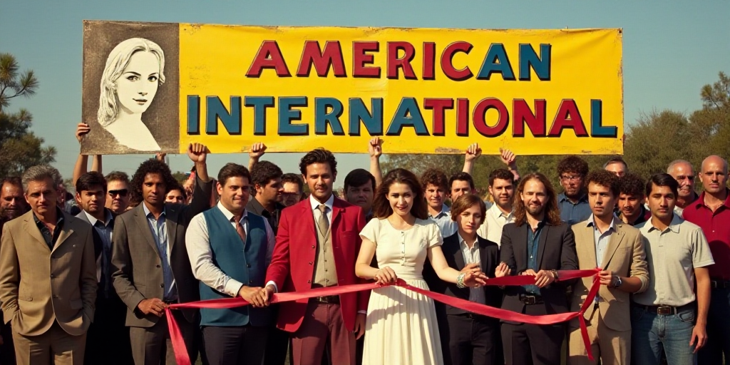 a group of people holding a ribbon in front of a yellow and white sign that says american internatio
