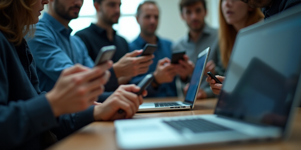 a group of people holding cell phones next to a laptop computer on a desk with a laptop on it, Andri