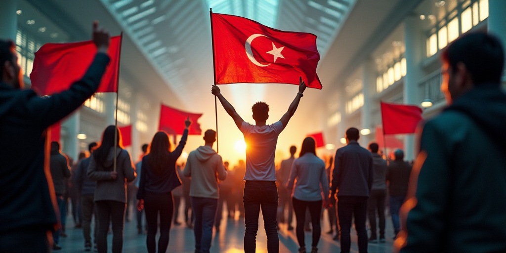 a group of people holding flags and signs in a building with lights on the ceiling and a ceiling lig