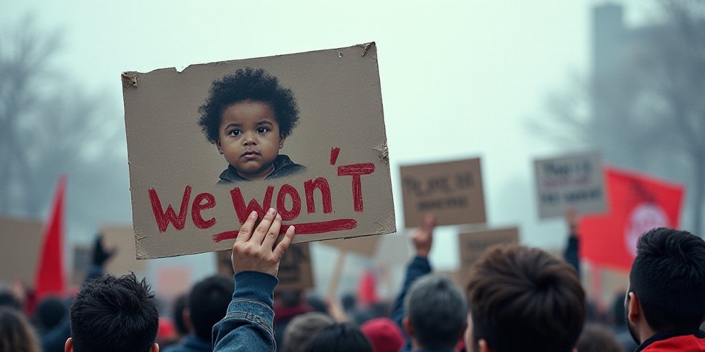 a group of people holding up signs in the air with a picture of a child on it and a sign that says w