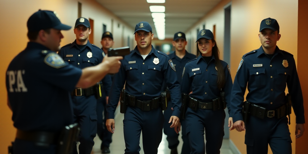 a group of people in police uniforms walking down a hallway together with a man pointing at them wit
