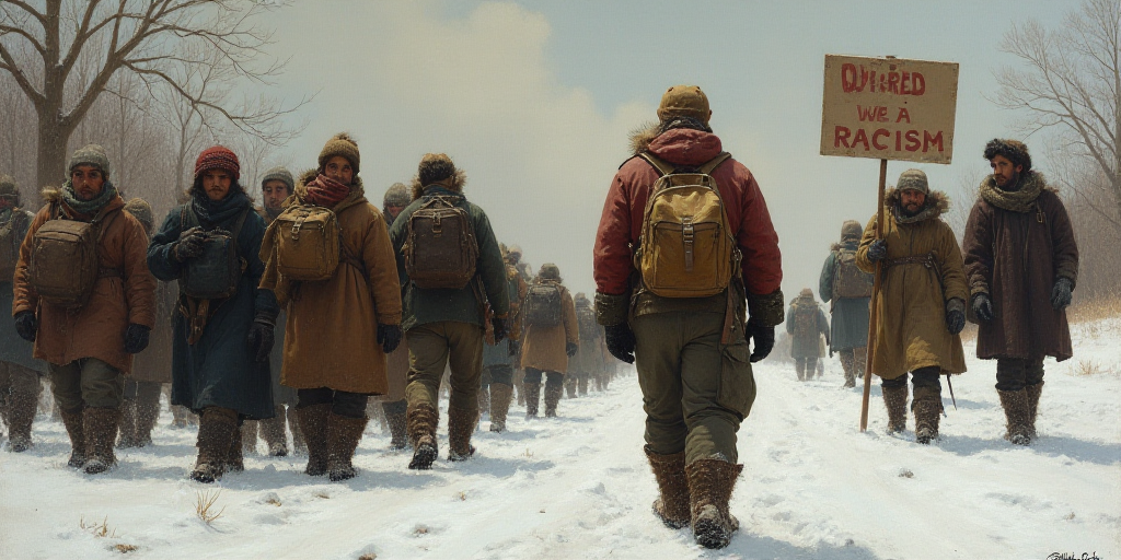 a group of people in the snow with a man in a backpack and a sign that says no to racism, Charles Fr