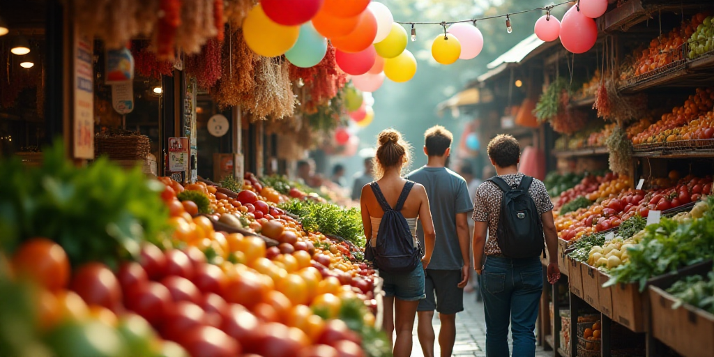 a group of people shopping in a market with balloons and balloons hanging from the ceiling above the