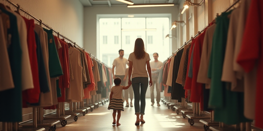 a group of people shopping in a clothing store with clothes on racks and a woman holding a child's h