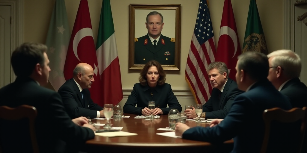 a group of people sitting around a table with flags in the background of them and a picture of a man