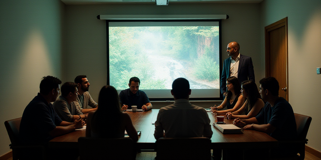 a group of people sitting around a table with a tv on it's wall behind them and a man standing in fr