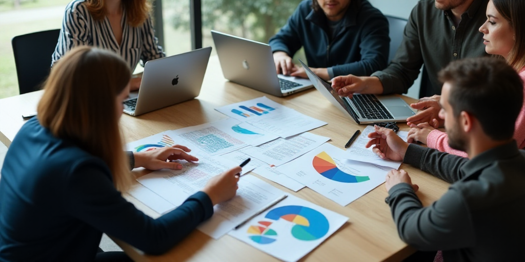 a group of people sitting around a table with laptops and papers on it, with a person pointing at a