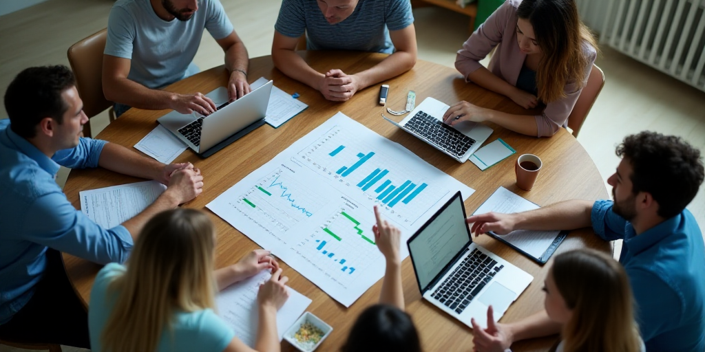 a group of people sitting around a table with laptops and papers on it, with a person pointing at a
