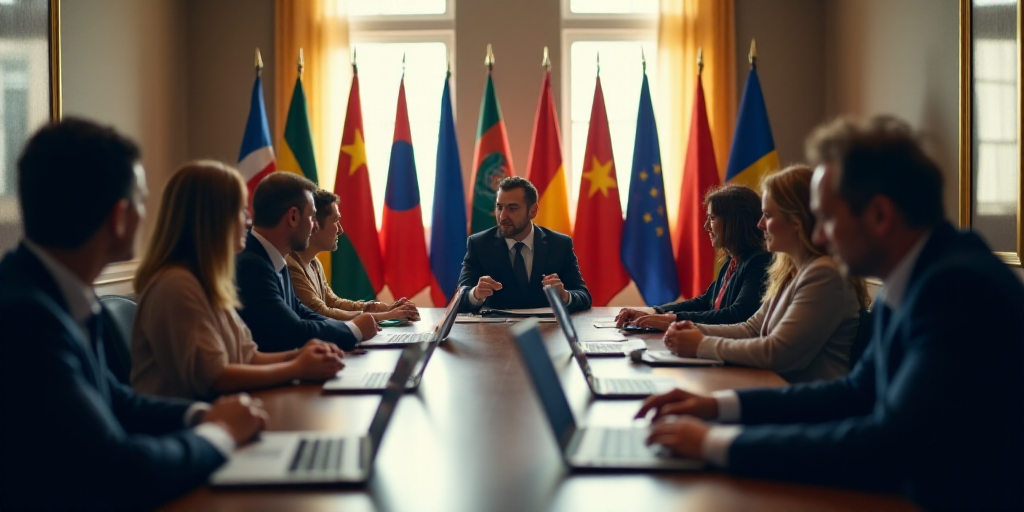 a group of people sitting around a table in a conference room with flags behind them and a laptop on
