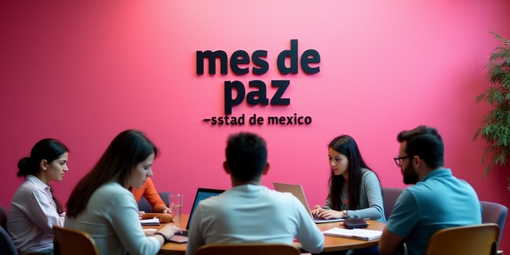 a group of people sitting around a table with laptops on it and a pink wall behind them with a sign