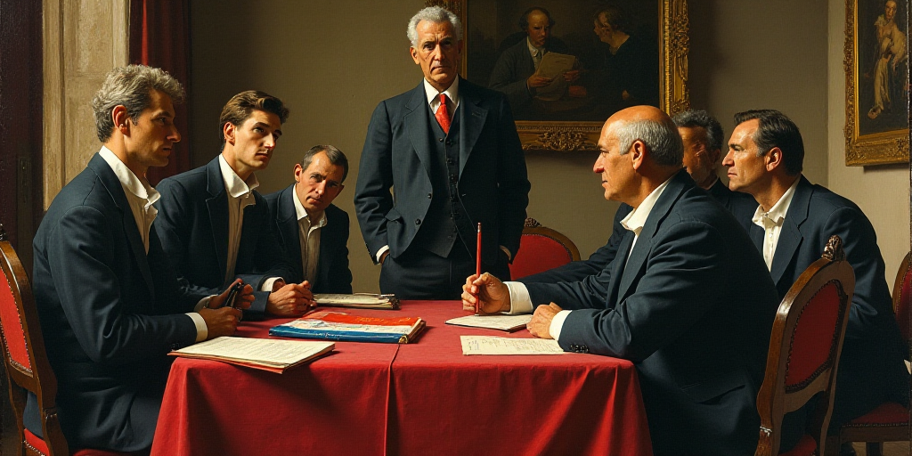 a group of people sitting around a table in a room with a flag on it and a statue of a man in a suit