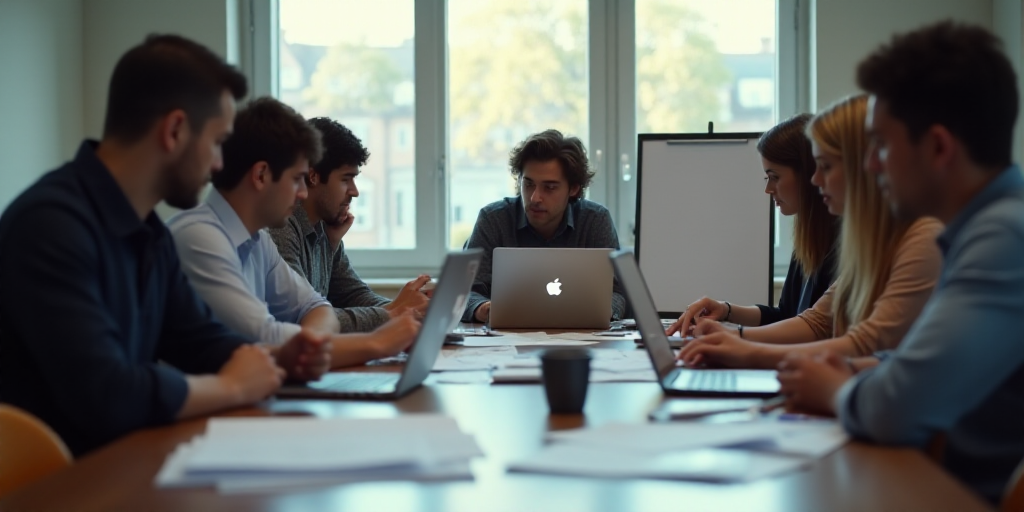 a group of people sitting around a table with laptops and papers on it, all looking at something, Ca