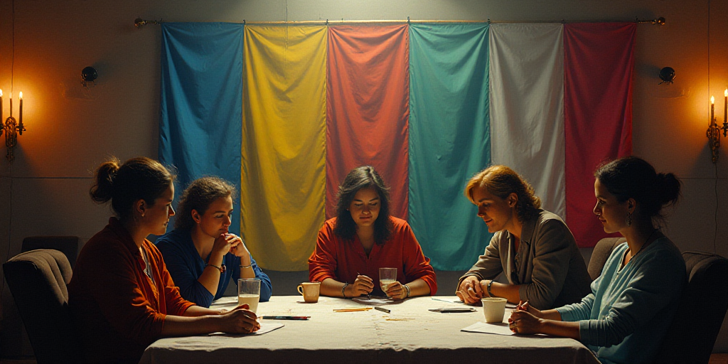 a group of people sitting around a table with flags in the background of a room with a flag hanging