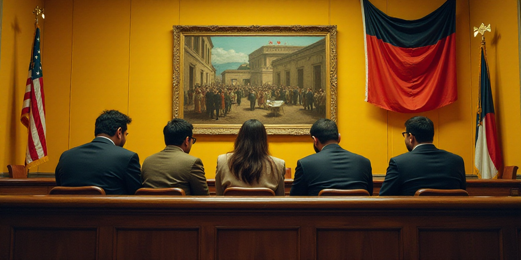 a group of people sitting at a table in a courtroom with a flag hanging above them and a painting on