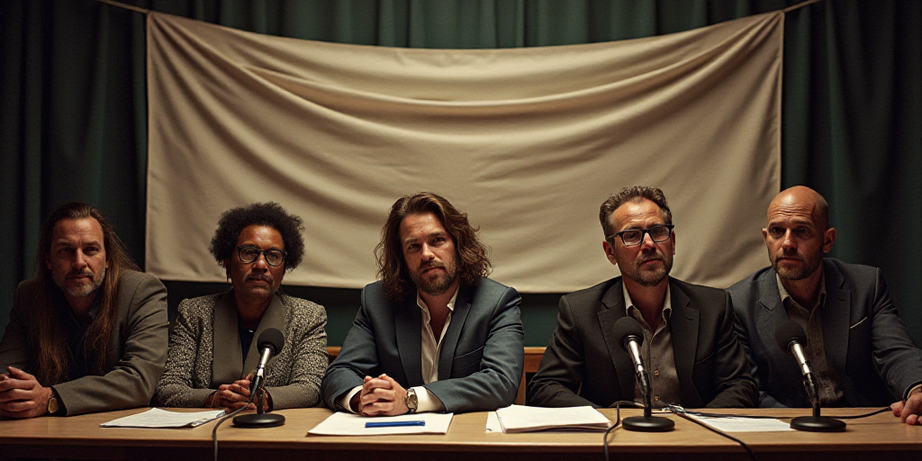 a group of people sitting at a table with microphones in front of them and a banner behind them, Bou
