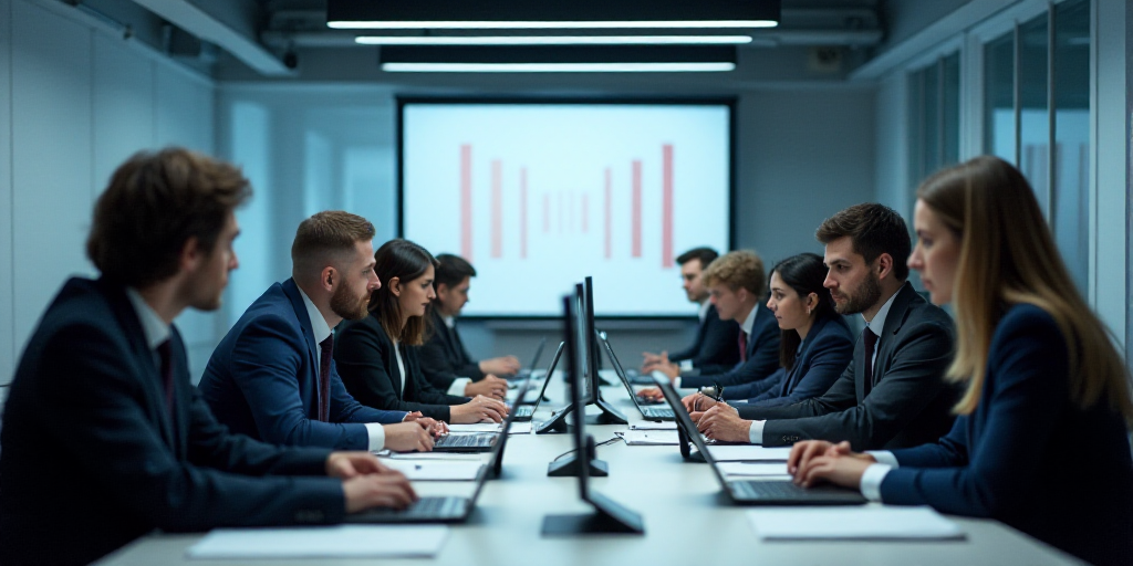 a group of people sitting at a long table with computers on it and papers on the desks in front of t